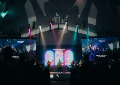 Wide view of Auditorium at Abundant Life Johnson County with state-of-the-art audio, video, and lighting installation